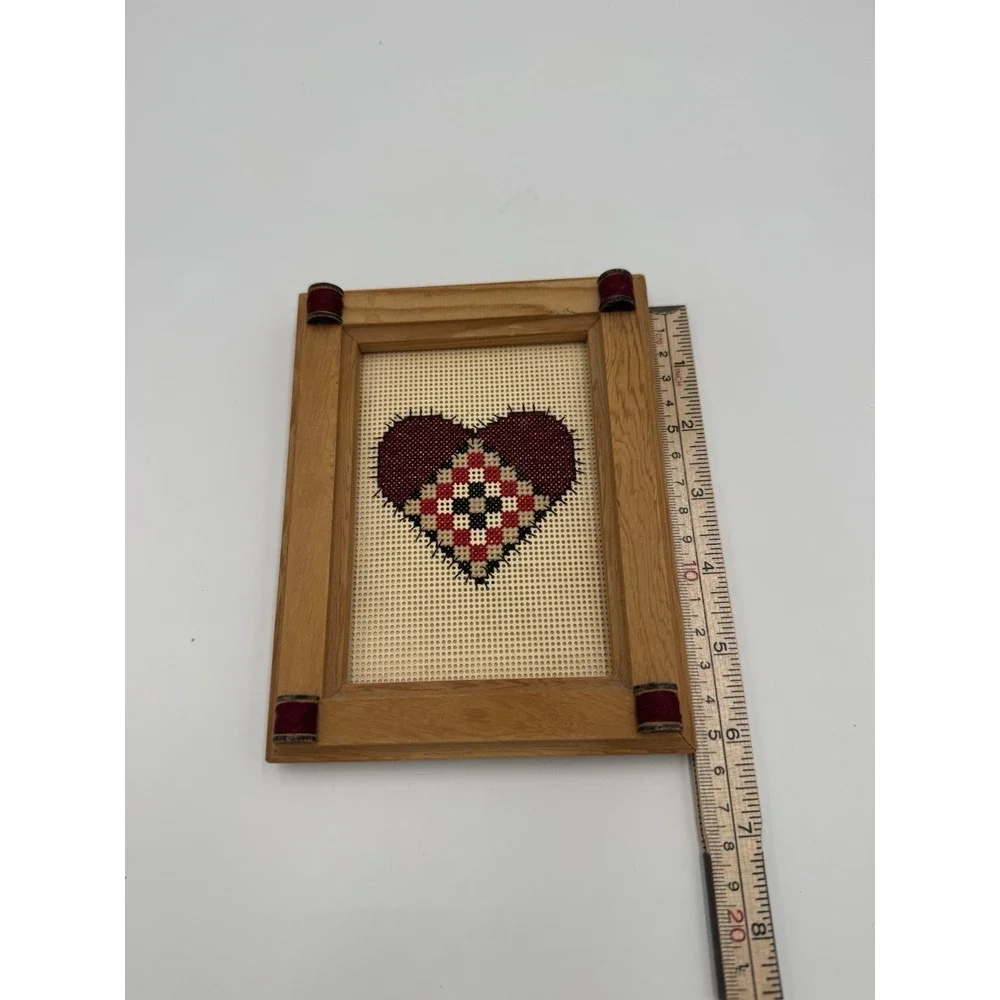 Vtg Framed Handmade Cross Stitch Patchwork Heart Design W/Wood Frame Cottagecore